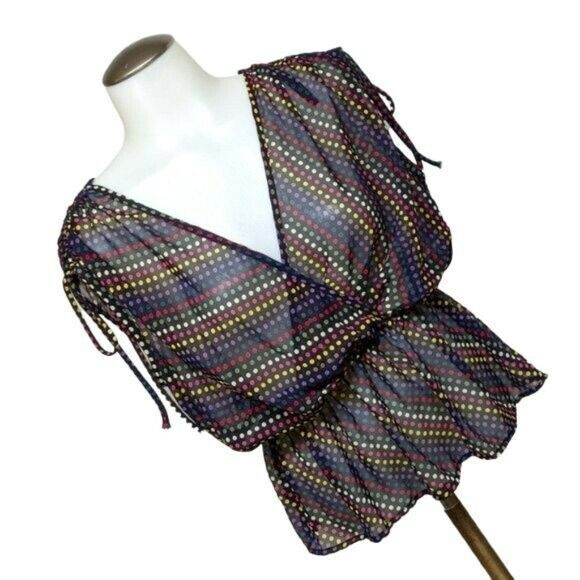 Papaya Blouse Women Small Sheer V-neck Gather Waist Polka Dots Summer Top S - Picture 4 of 10